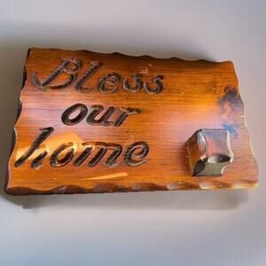 Vintage Wood Wall Plaque “Bless Our Home” Candle Holder Rustic Cabin Decor